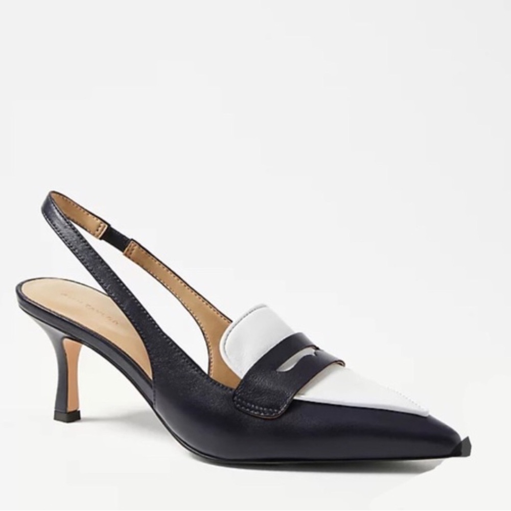 ANN TAYLOR PENNY LOAFER SLINGBACKS.  SIZE 6. NEVER WORN. NAVY/WHITE